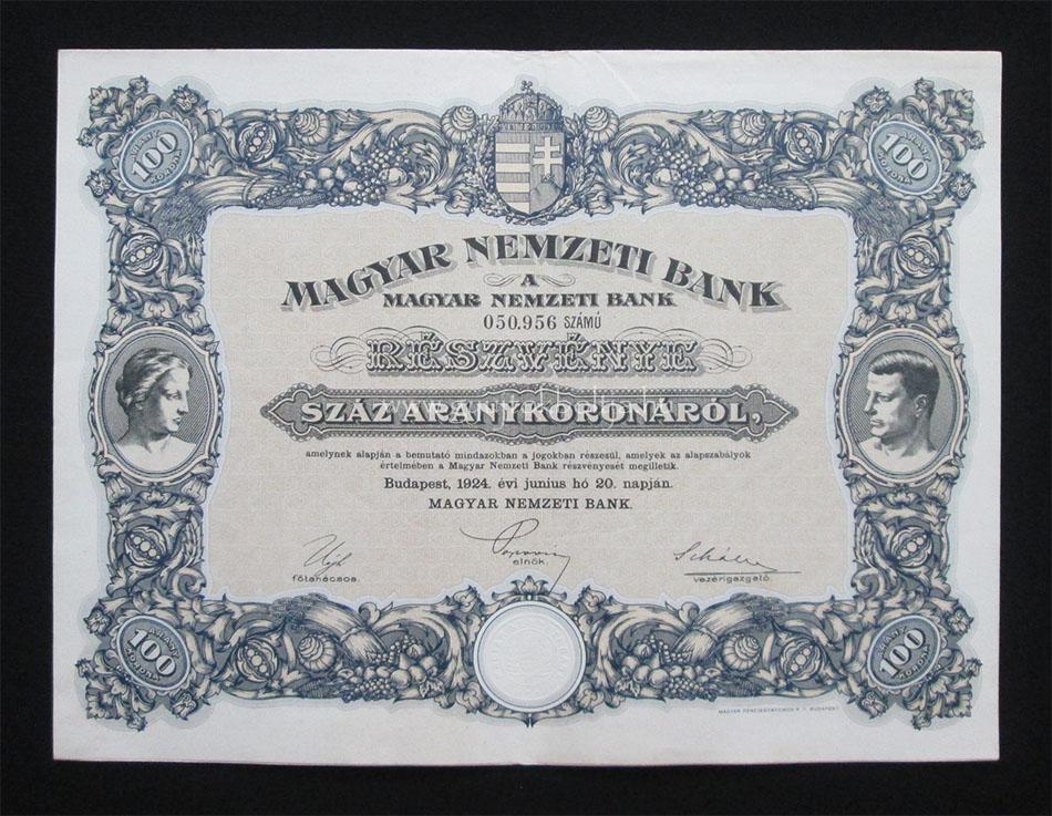 Magyar Nemzeti Bank részvény 100 aranykorona 1924